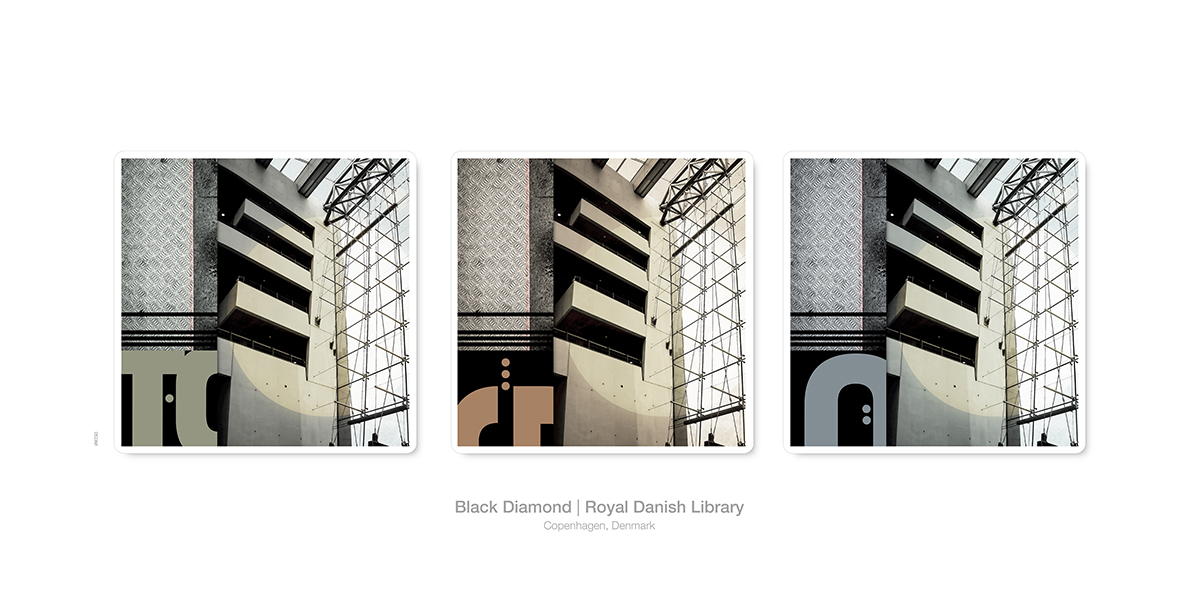 collage, interior view of copenhagen library windows, letter forms, and diamond plate