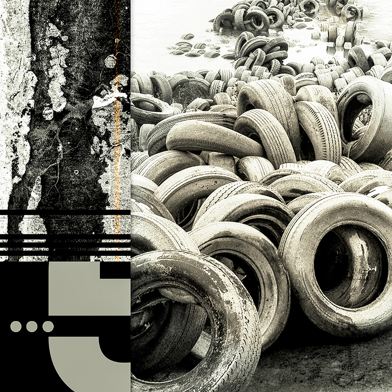 collage, hundreds of old tires in lake, road tar streak, letter forms