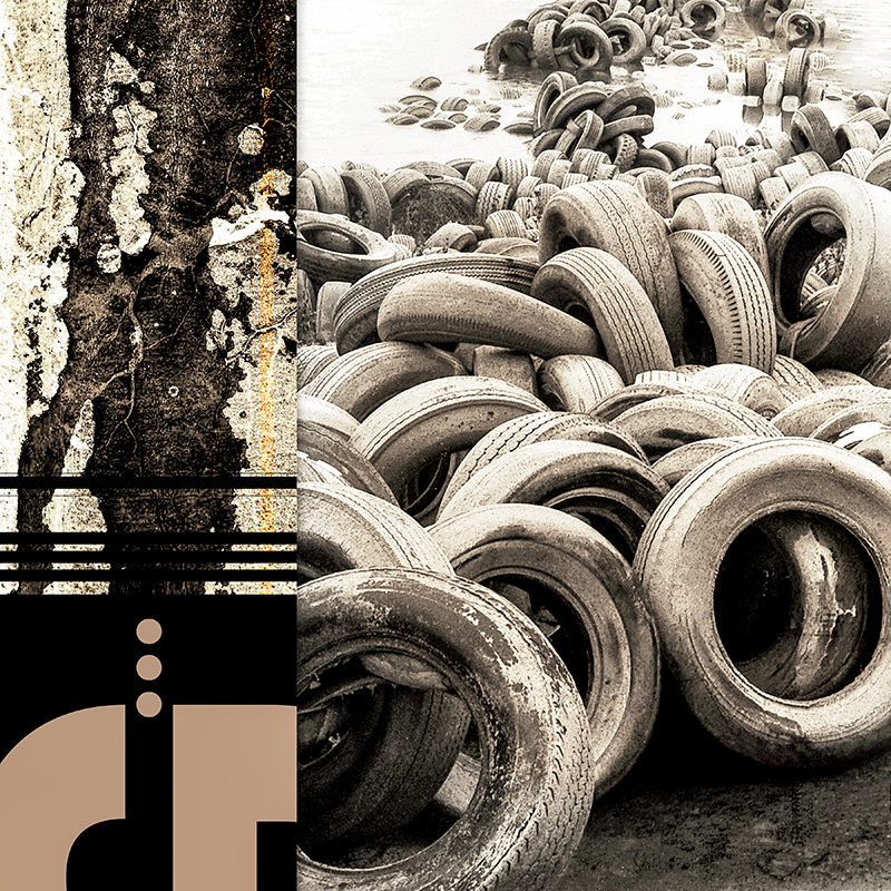 collage, hundreds of old tires in lake, road tar streak, letter forms