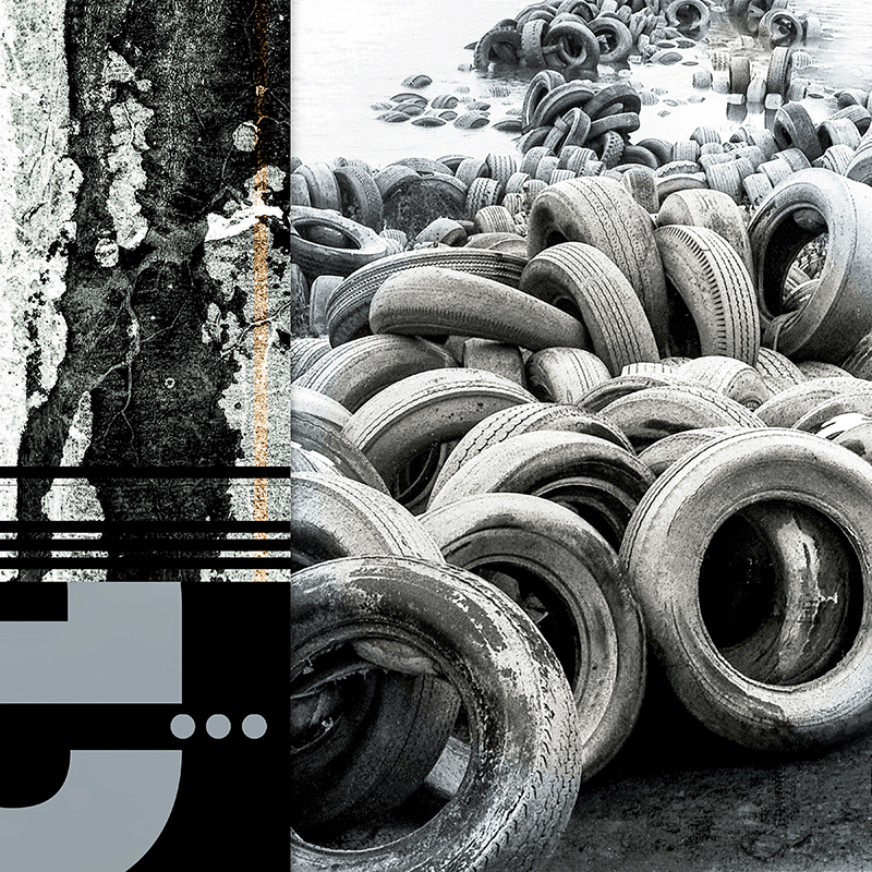 collage, hundreds of old tires in lake, road tar streak, letter forms