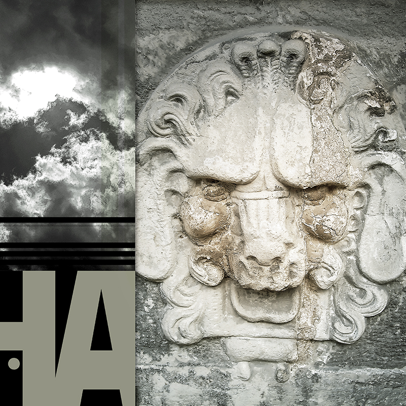 collage, diamond plate, stone face, letter forms