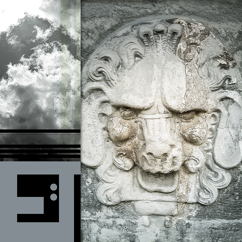collage, diamond plate, stone face, letter forms
