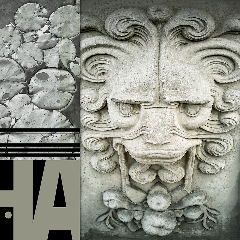 collage, diamond plate, stone face, letter forms