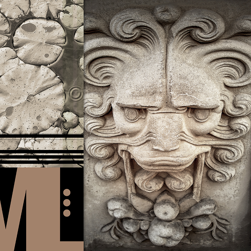 collage, diamond plate, stone face, letter forms