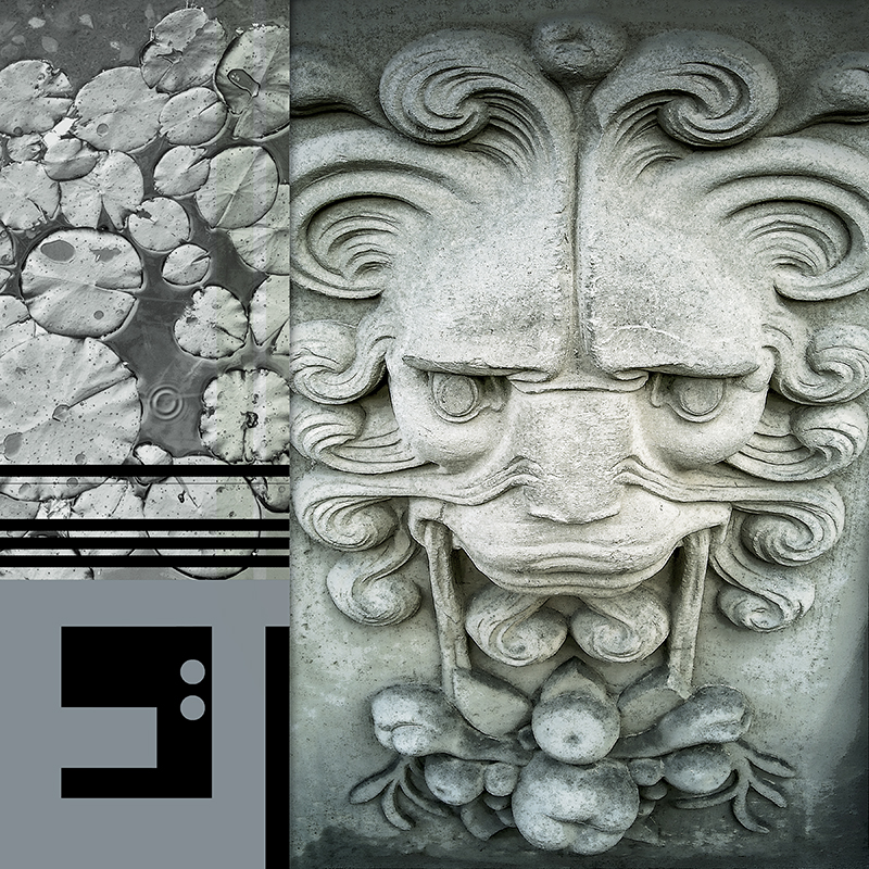 collage, diamond plate, stone face, letter forms