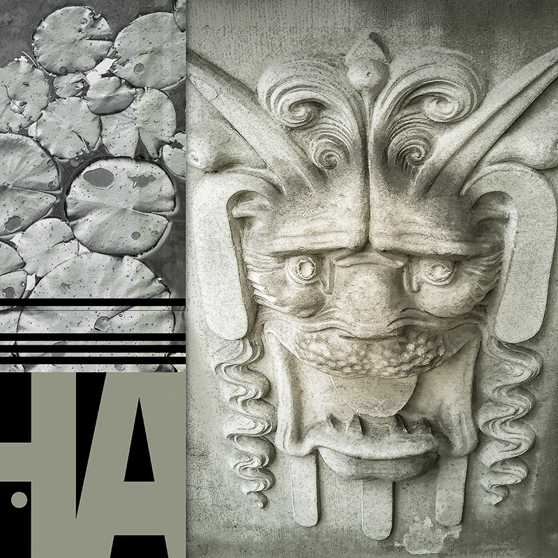collage, diamond plate, stone face, letter forms