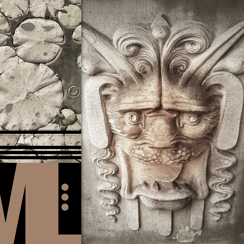 collage, diamond plate, stone face, letter forms