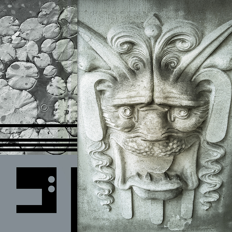 collage, diamond plate, stone face, letter forms