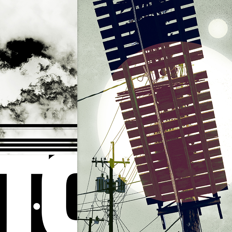 collage, sign, letter forms, and wooden electrical platform