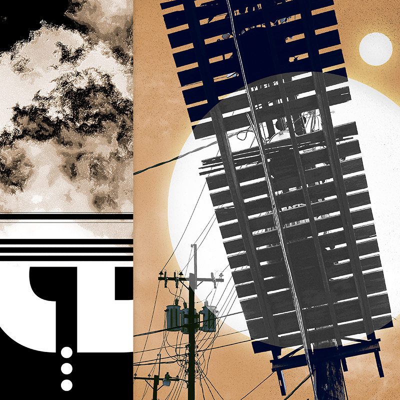 collage, sign, letter forms, and wooden electrical platform