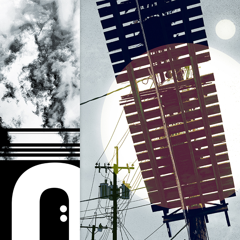 collage, sign, letter forms, and wooden electrical platform