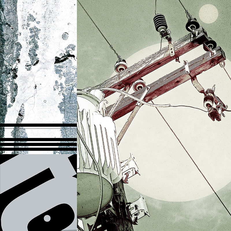 collage, sign, letter forms, and wooden electrical platform