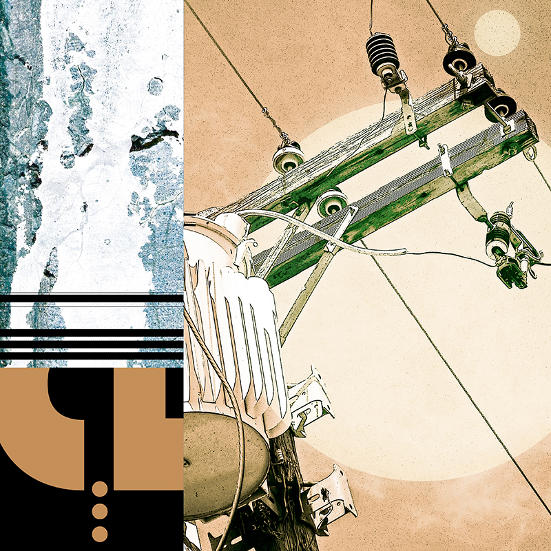 collage, sign, letter forms, and wooden electrical platform