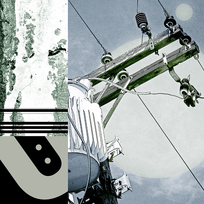 collage, sign, letter forms, and wooden electrical platform