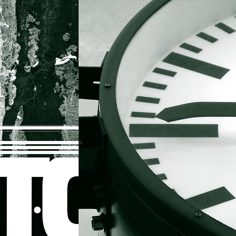 collage, clouds, road tar stains, letter forms, and clock face