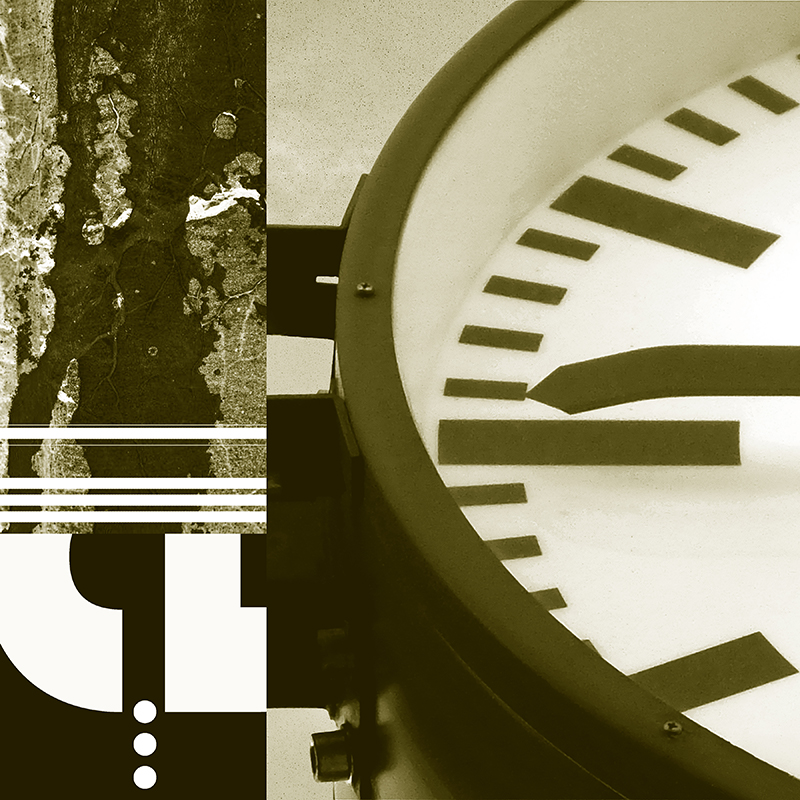 collage, clouds, road tar stains, letter forms, and clock face