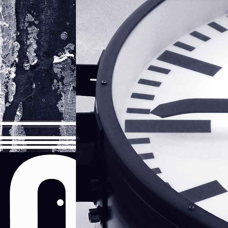 collage, clouds, road tar stains, letter forms, and clock face