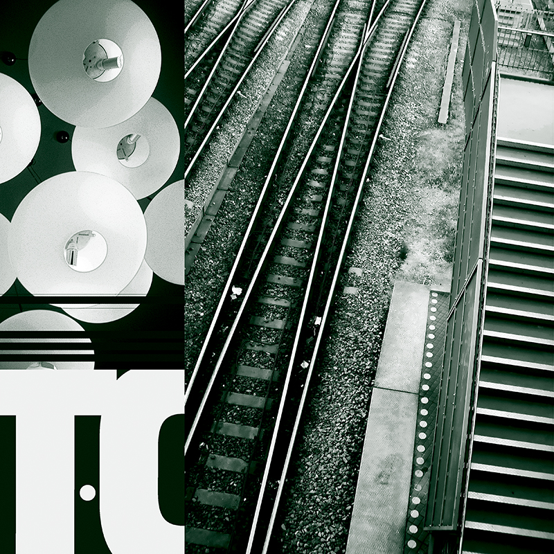collage, rail tracks, hanging paper lights, letter forms