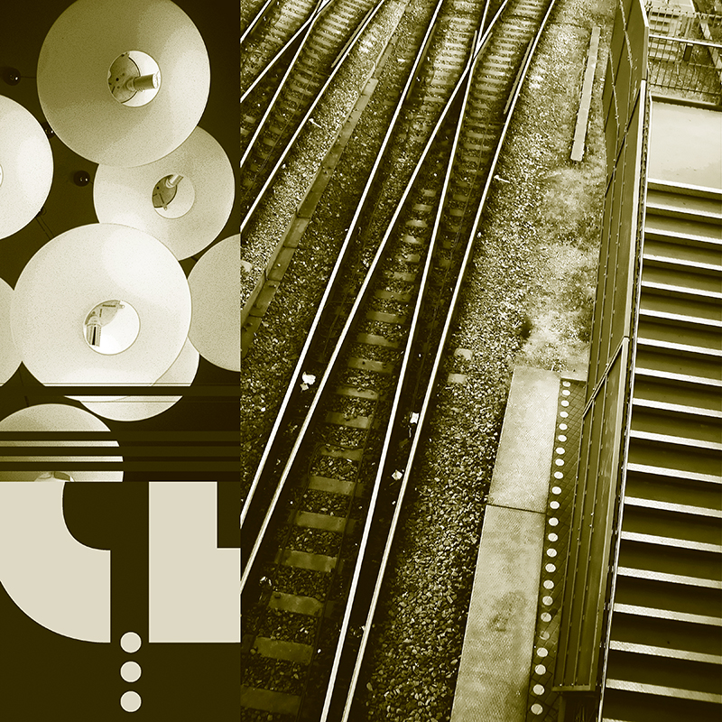 collage, rail tracks, hanging paper lights, letter forms