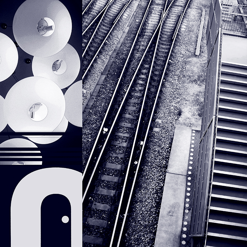 collage, rail tracks, hanging paper lights, letter forms